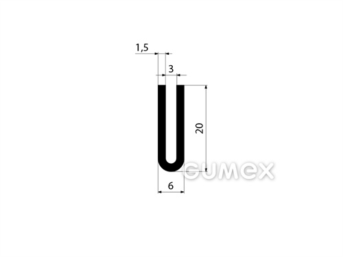 Gumový profil tvaru "U", 20x6/3mm, 70°ShA, NBR, -40°C/+70°C, čierny